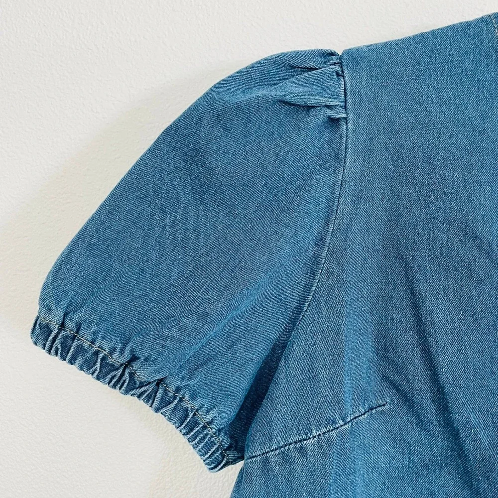 NWT Forever 21 SHEIN Denim Babydoll Mini Dress Puff Sleeve Tie Front Large Y2K‎ - Picture 3 of 8